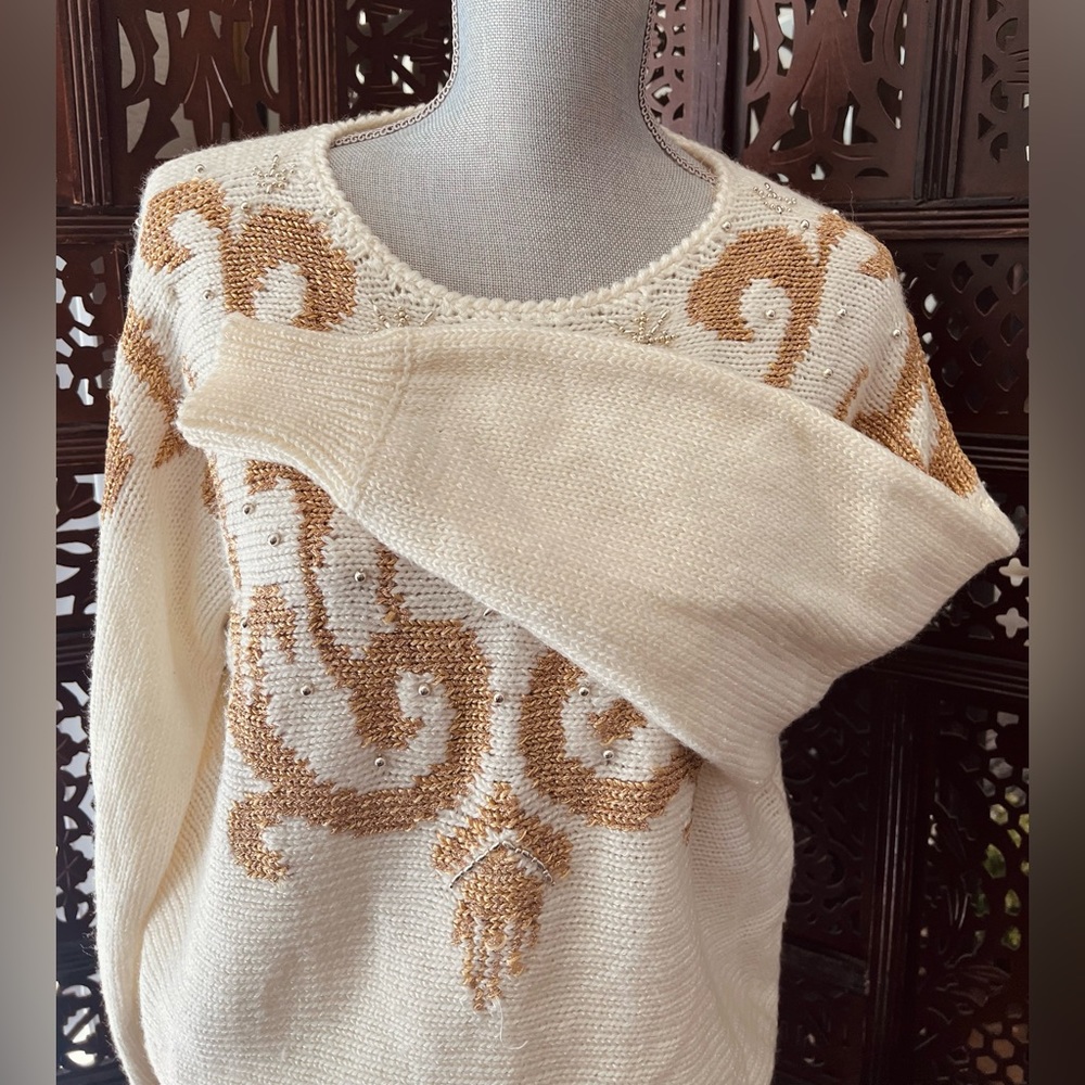 Vintage Jocelyn Smith Beaded Embroidered Sweater Cream Gold Cottagecore Retro - Picture 5 of 9